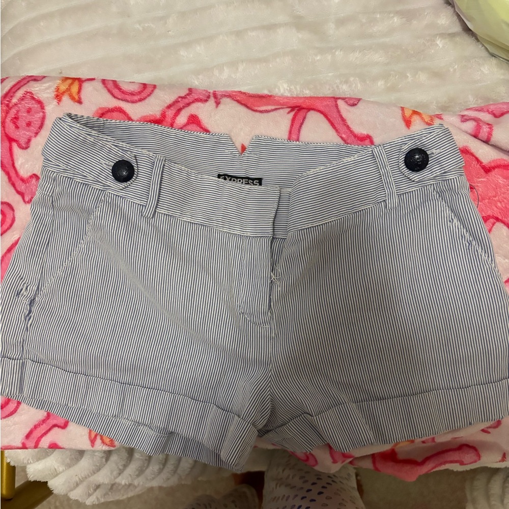 Express Women's High Waist Striped Shorts Blue and White